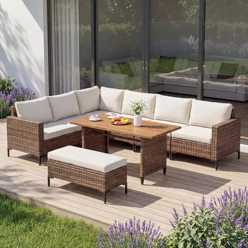 LAUSAINT HOME 8 Pieces Outdoor Patio Furniture Set, PE Wicker Sectional Conversation Sofa with Adjustable Backrests, Storage Ottoman