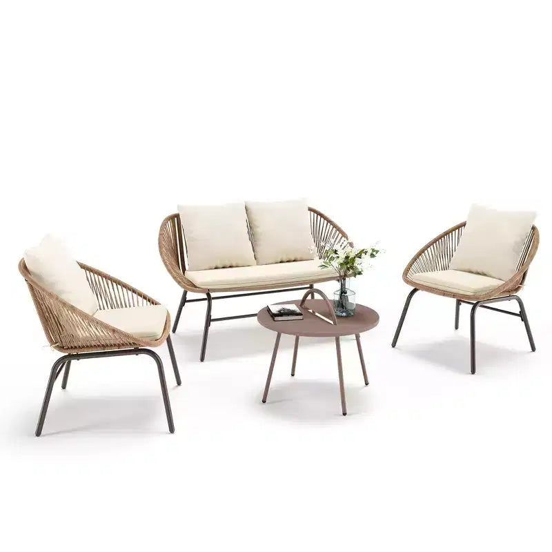 Conjunto de muebles para patio de 4 piezas LAUSAINT HOME, conjunto de muebles de exterior de cuerda tejida de estilo bohemio y transpirable, con sofá de dos plazas y mesa de centro portátil
