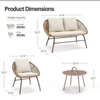Conjunto de muebles para patio de 4 piezas LAUSAINT HOME, conjunto de muebles de exterior de cuerda tejida de estilo bohemio y transpirable, con sofá de dos plazas y mesa de centro portátil