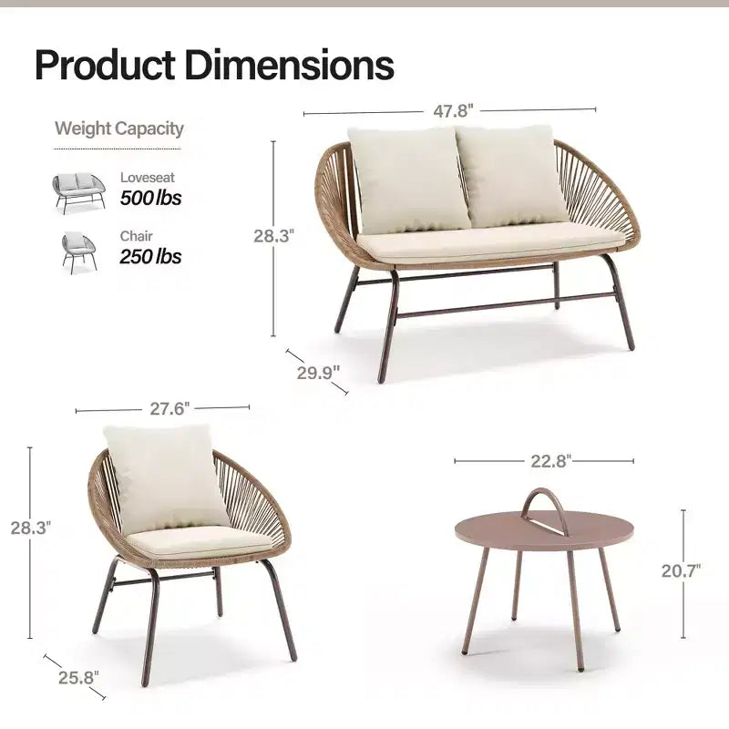 Conjunto de muebles para patio de 4 piezas LAUSAINT HOME, conjunto de muebles de exterior de cuerda tejida de estilo bohemio y transpirable, con sofá de dos plazas y mesa de centro portátil