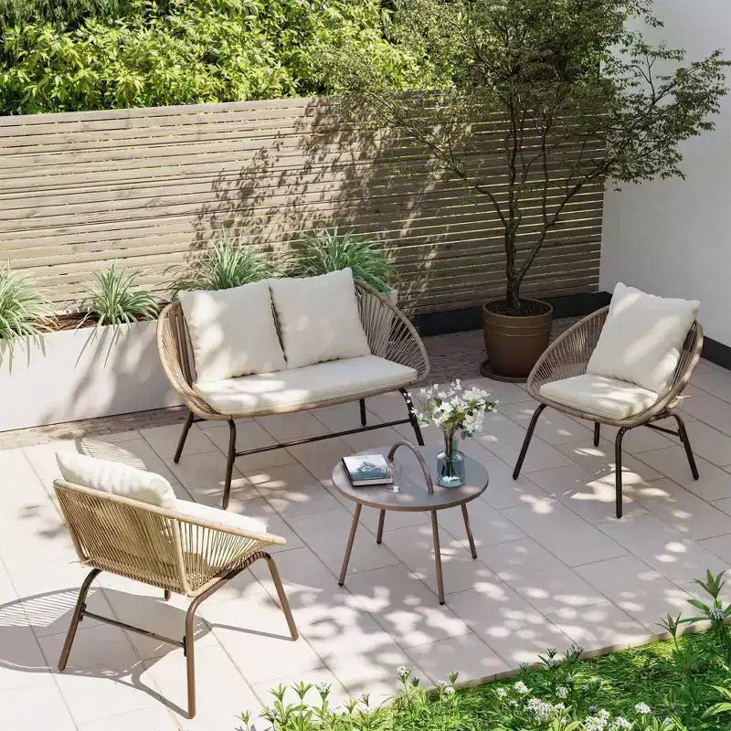 Conjunto de muebles para patio de 4 piezas LAUSAINT HOME, conjunto de muebles de exterior de cuerda tejida de estilo bohemio y transpirable, con sofá de dos plazas y mesa de centro portátil