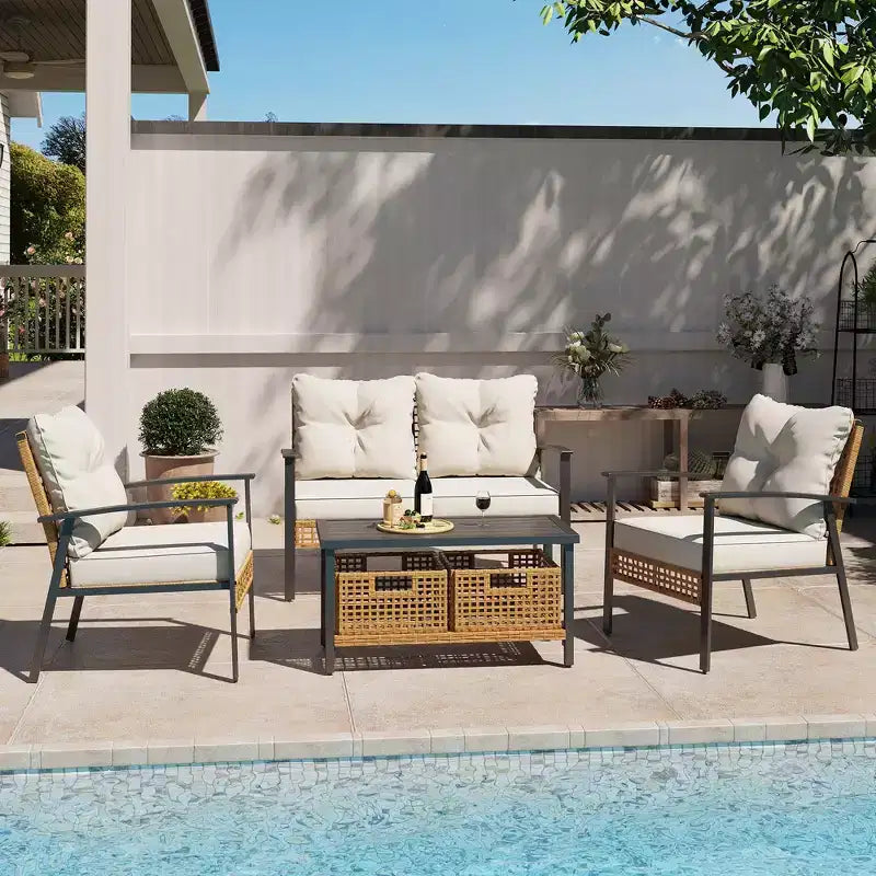 LAUSAINT HOME 4-delige rotan zitset, comfortabele extra ruime tuinmeubelset voor buiten