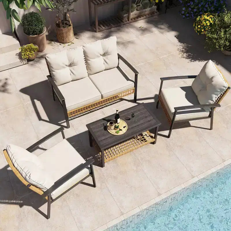 LAUSAINT HOME 4-delige rotan zitset, comfortabele extra ruime tuinmeubelset voor buiten