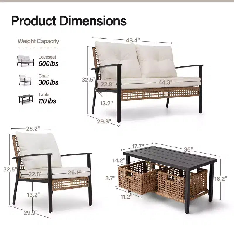 LAUSAINT HOME 4-delige rotan zitset, comfortabele extra ruime tuinmeubelset voor buiten