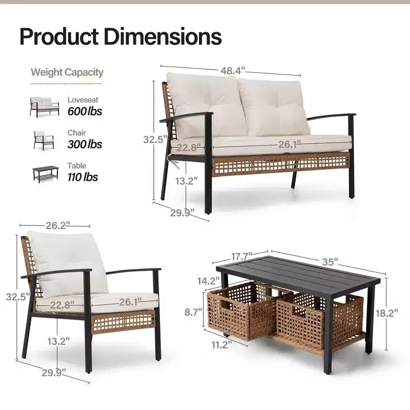 LAUSAINT HOME 4-delige rotan zitset, comfortabele extra ruime tuinmeubelset voor buiten