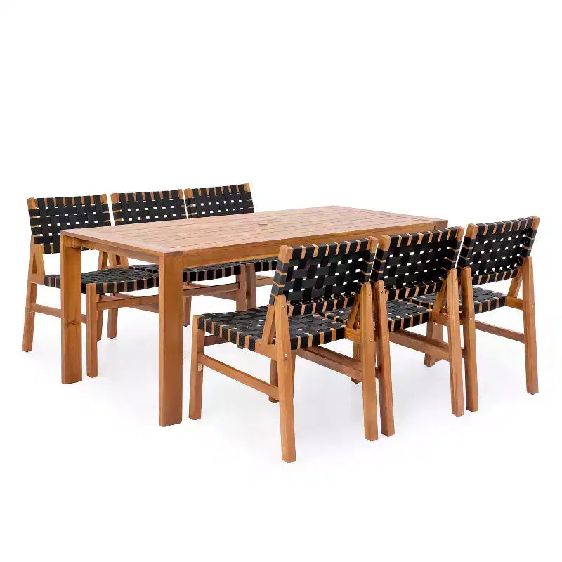 Conjunto de 7 piezas de sillas laterales modernas de acacia para patio con cuerda tejida de PE y mesa con listones Ratchanon de Christopher Knight Home