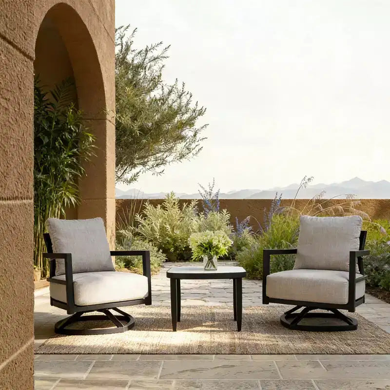 Set van 3 aluminium draaistoelen voor terras, tuinmeubelset voor buiten met Sunbrella-kussens en bijzettafel voor terras, tuin of balkon – Panipeachy