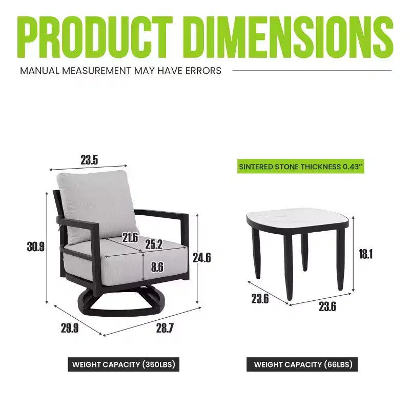 Set van 3 aluminium draaistoelen voor terras, tuinmeubelset voor buiten met Sunbrella-kussens en bijzettafel voor terras, tuin of balkon – Panipeachy