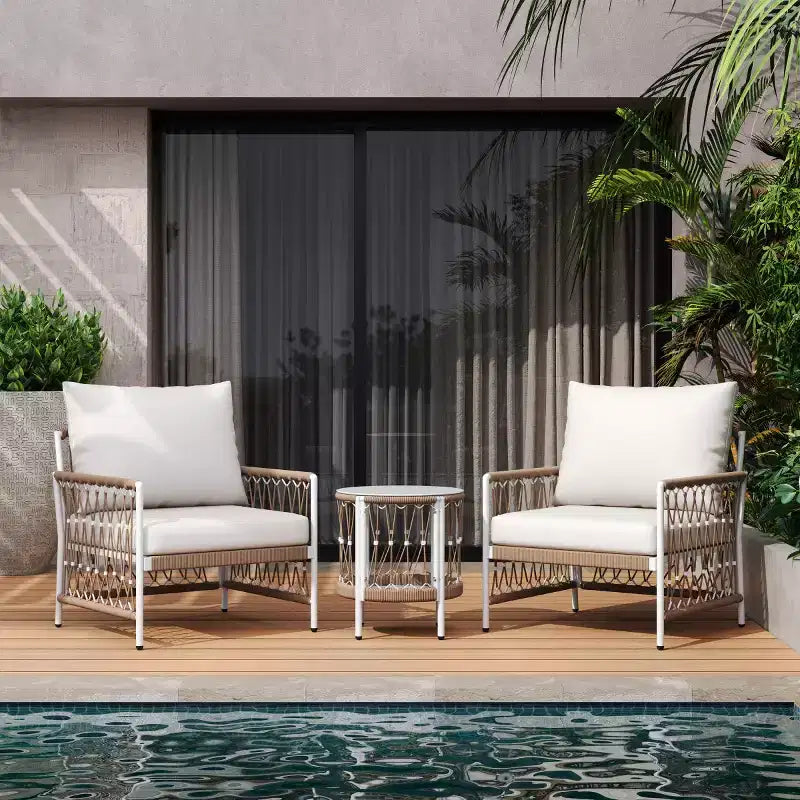 3-PCS Boho Patio Furniture Set with 2 Lounge Chairs & Glass Top Side Table, Outdoor Conversation Set for Backyard or Poolside-Panipeachy