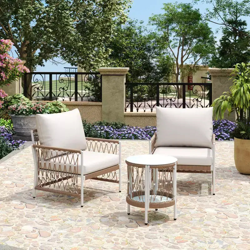 Conjunto de muebles bohemios para patio de 3 piezas, con 2 sillas de descanso y mesa auxiliar con tablero de vidrio, conjunto de conversación para exteriores ideal para jardín o junto a la piscina - Panipeachy