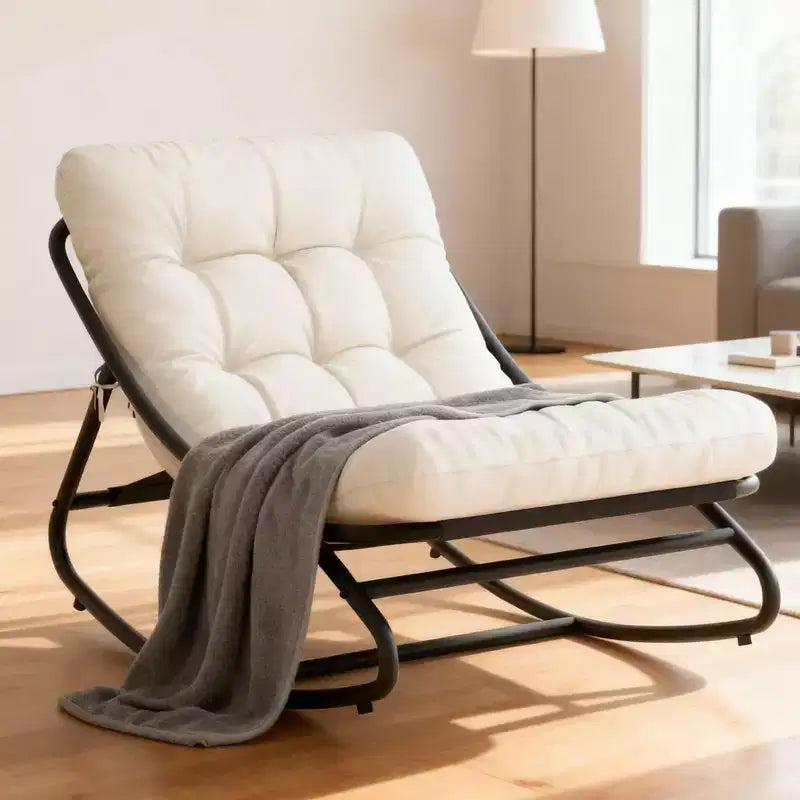 Oversized Tufted Rocking Lounge Chair with Removable Cushion, Cream White Upholstered Accent Chair for Living Room & Bedroom