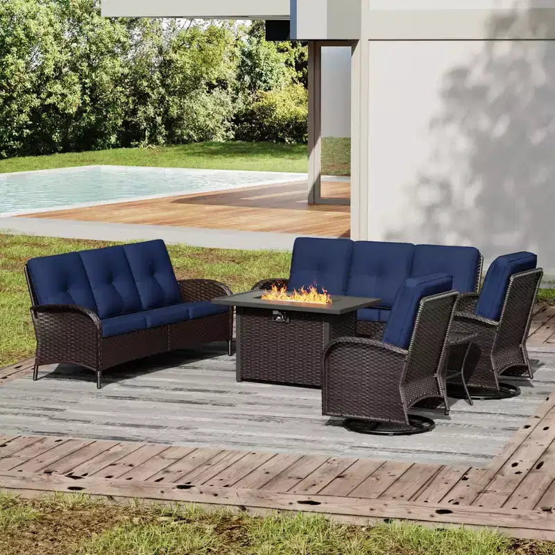 UPTIOT 6-Piece Outdoor Patio Set with Fire Pit Table, Two 3-Seat Sofas, Swivel Chairs & Side Table for Large Gatherings
