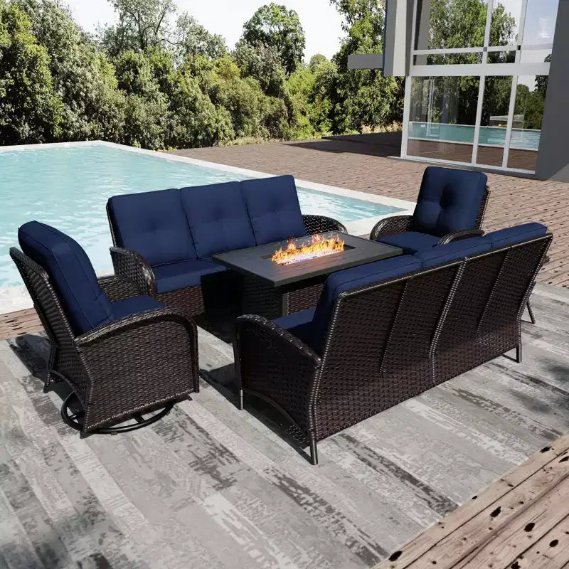UPTIOT 6-Piece Outdoor Patio Set with Fire Pit Table, Two 3-Seat Sofas, Swivel Chairs & Side Table for Large Gatherings