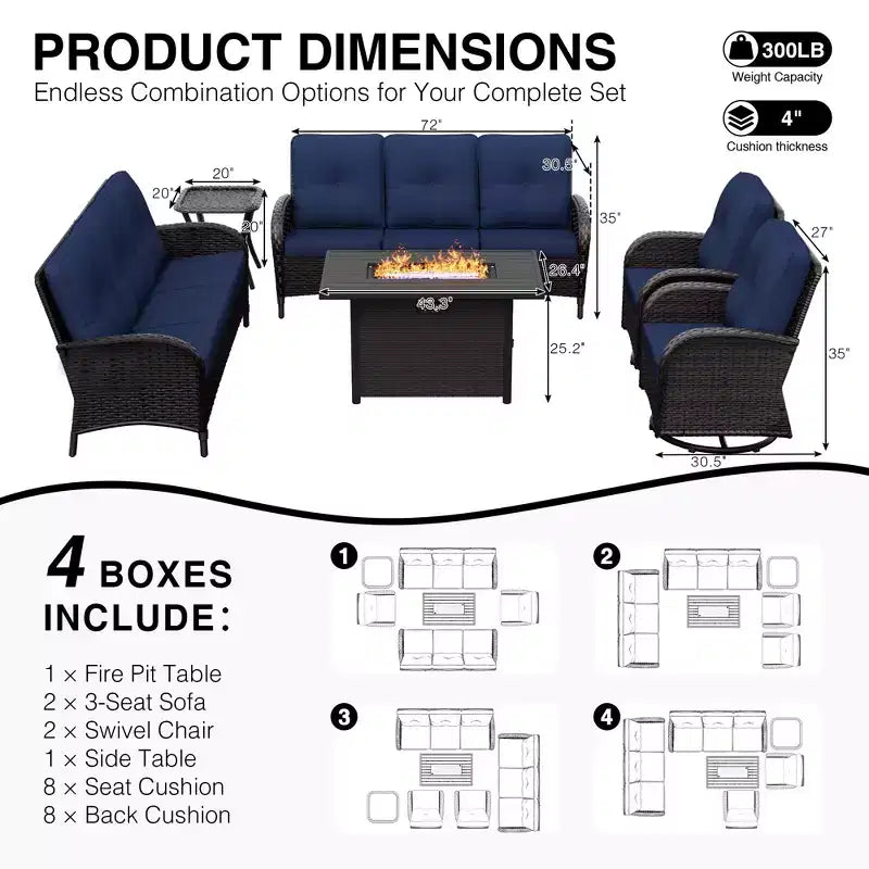UPTIOT 6-Piece Outdoor Patio Set with Fire Pit Table, Two 3-Seat Sofas, Swivel Chairs & Side Table for Large Gatherings