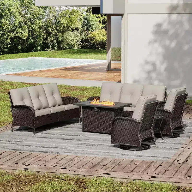 UPTIOT 6-Piece Outdoor Patio Set with Fire Pit Table, Two 3-Seat Sofas, Swivel Chairs & Side Table for Large Gatherings