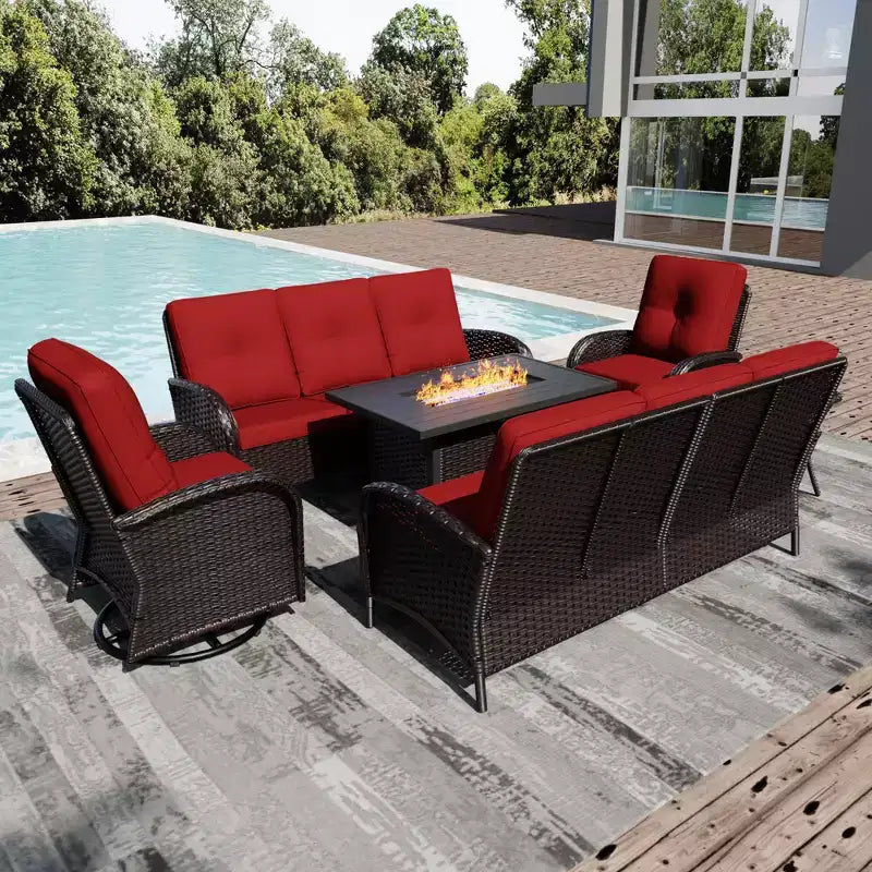 UPTIOT 6-Piece Outdoor Patio Set with Fire Pit Table, Two 3-Seat Sofas, Swivel Chairs & Side Table for Large Gatherings