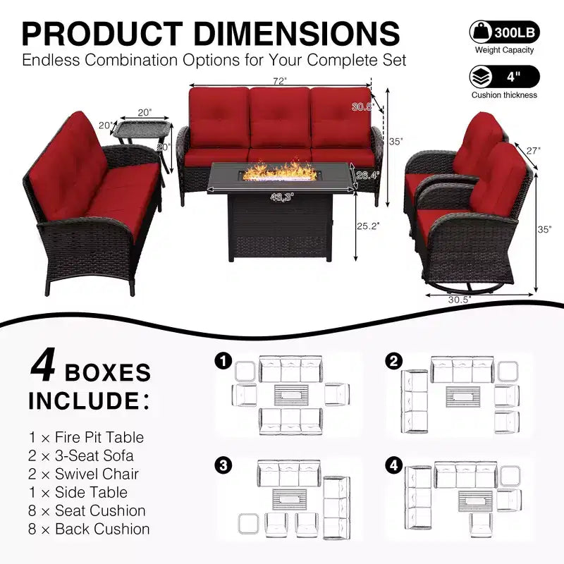 UPTIOT 6-Piece Outdoor Patio Set with Fire Pit Table, Two 3-Seat Sofas, Swivel Chairs & Side Table for Large Gatherings