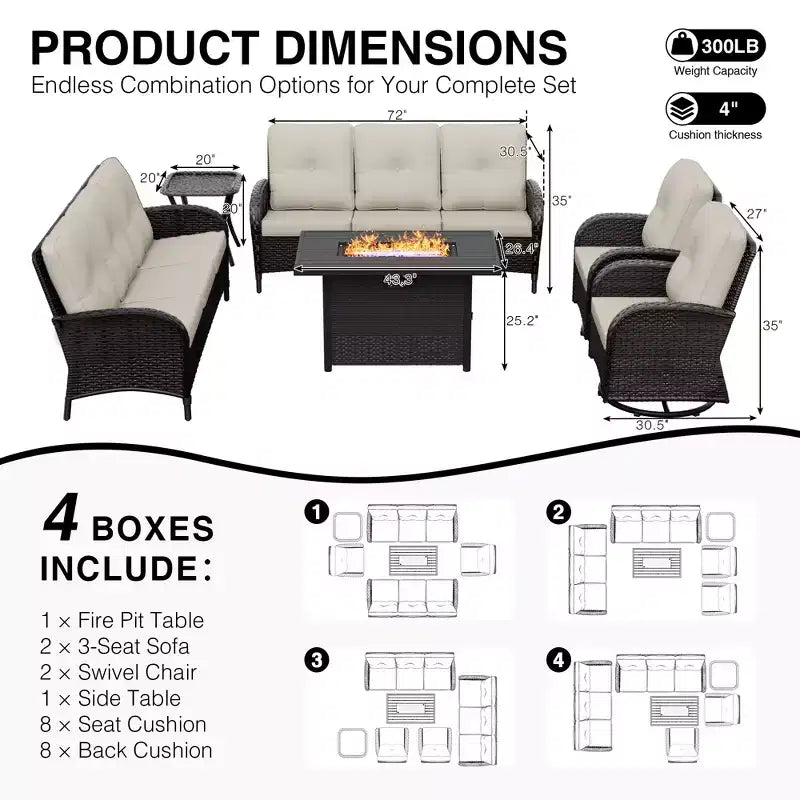 UPTIOT 6-Piece Outdoor Patio Set with Fire Pit Table, Two 3-Seat Sofas, Swivel Chairs & Side Table for Large Gatherings