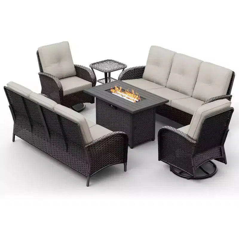 UPTIOT 6-Piece Outdoor Patio Set with Fire Pit Table, Two 3-Seat Sofas, Swivel Chairs & Side Table for Large Gatherings