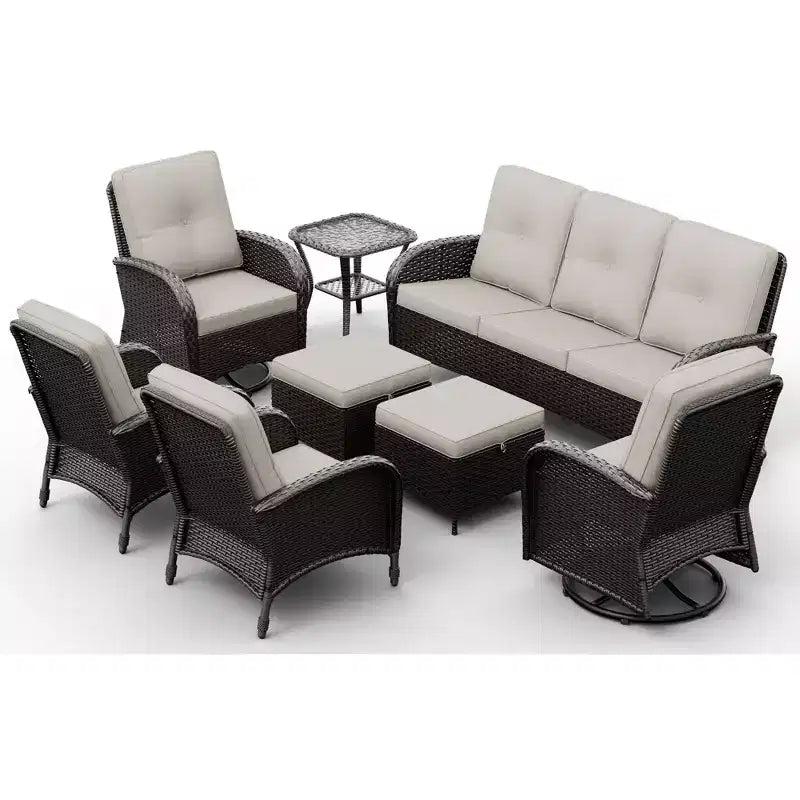 UPTIOT 8-Piece Outdoor Patio Set with 3-Seat Sofa, Swivel Chairs, Wicker Chairs, Ottomans & Side Table for Ultimate Comfort