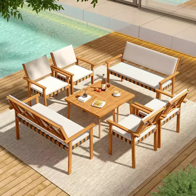 Costway 4-delige houten meubelset met salontafel en zit- en rugkussens voor achtertuin en veranda
