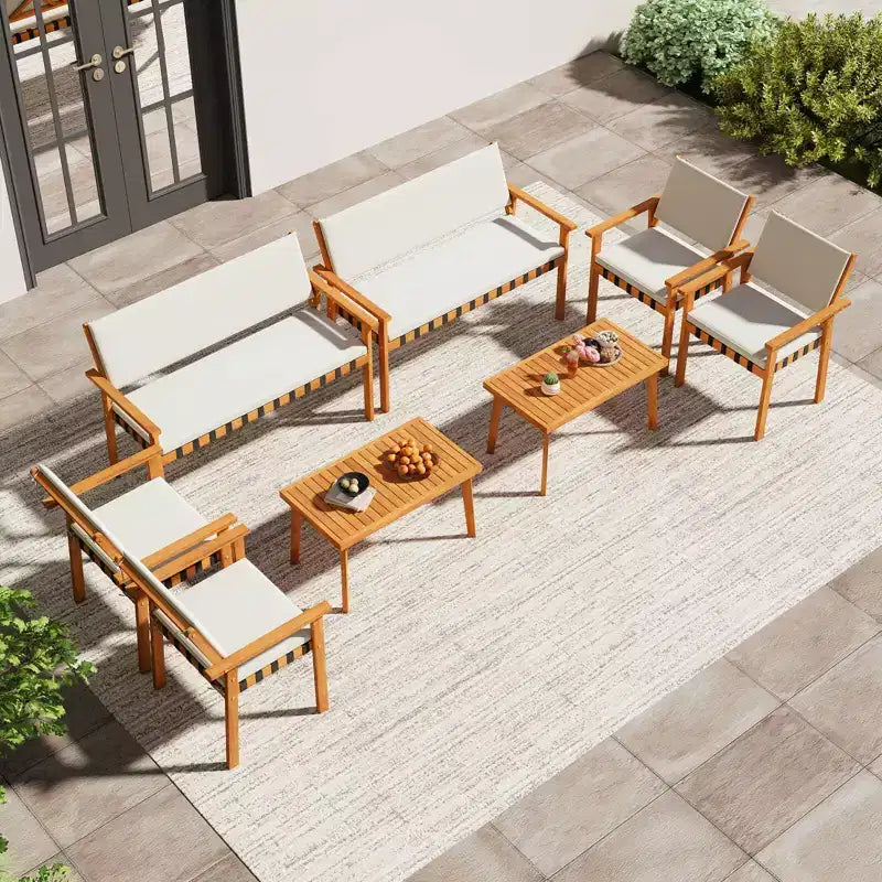 Costway 4-delige houten meubelset met salontafel en zit- en rugkussens voor achtertuin en veranda