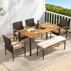 Costway 6PCS Acacia Wood Table Backless Bench 4 Armchairs with 1.97 Umbrella Hole Cushion