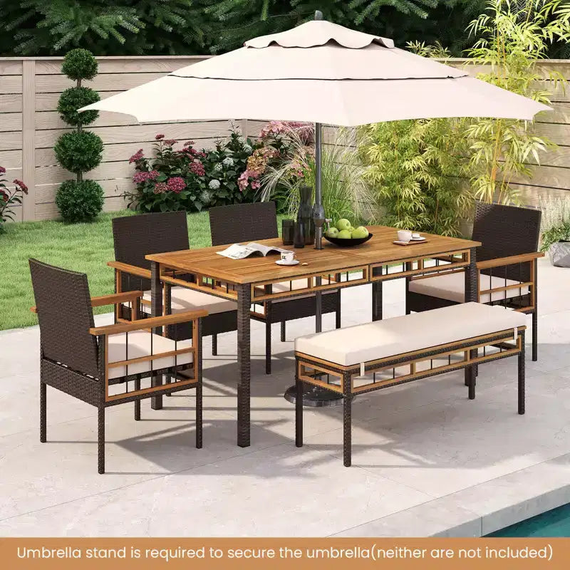 Costway 6 részes akácfa étkezőgarnitúra asztallal, háttámla nélküli paddal és 4 karosszékkel, 1.97-es napernyőnyílással és párnával