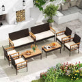 Costway 8 PCS Wicker Furniture Set with Acacia Wood Tabletop Armrests Cushions for Backyard