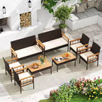 Costway 8 PCS Wicker Furniture Set with Acacia Wood Tabletop Armrests Cushions for Backyard