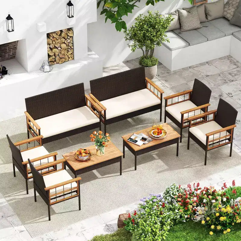 Costway 8 PCS Wicker Furniture Set with Acacia Wood Tabletop Armrests Cushions for Backyard