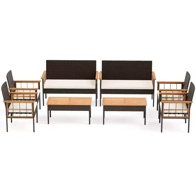 Conjunto de muebles de mimbre Costway de 8 piezas con reposabrazos de madera de acacia y cojines para el jardín
