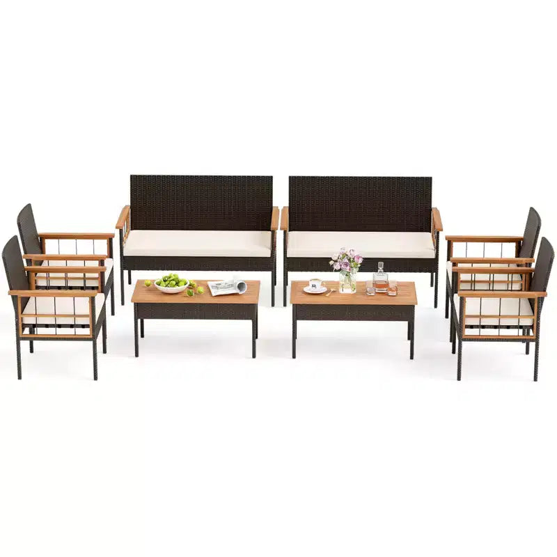Conjunto de muebles de mimbre Costway de 8 piezas con reposabrazos de madera de acacia y cojines para el jardín