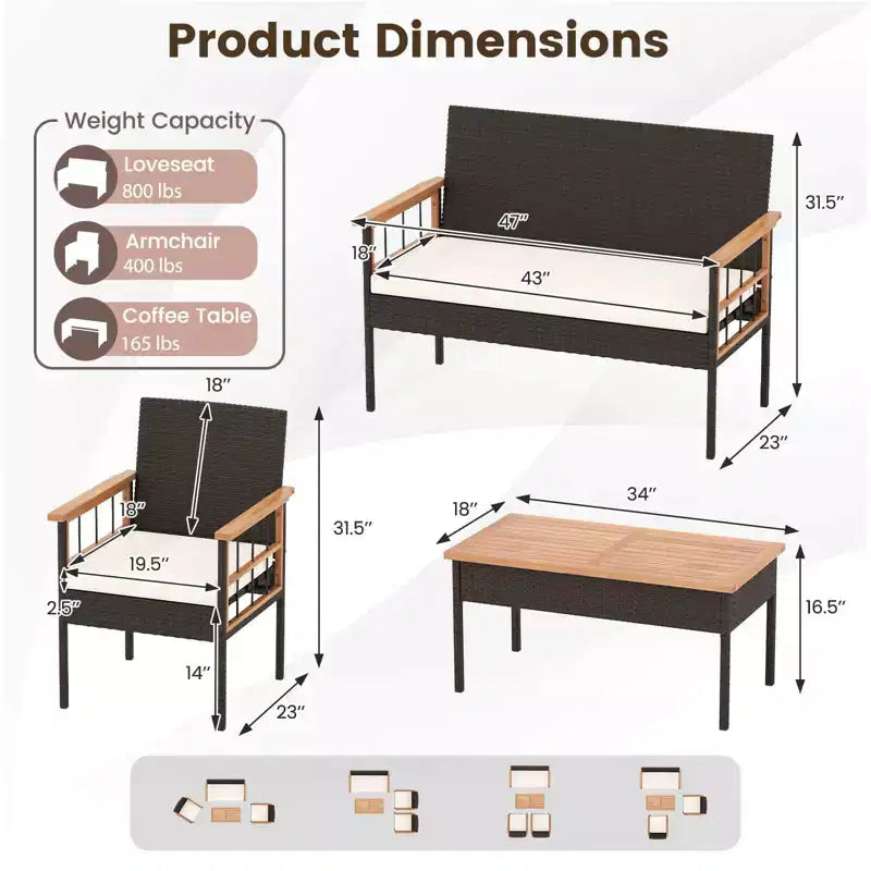 Conjunto de muebles de mimbre Costway de 8 piezas con reposabrazos de madera de acacia y cojines para el jardín
