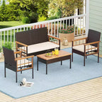 Conjunto de muebles de mimbre Costway de 8 piezas con reposabrazos de madera de acacia y cojines para el jardín