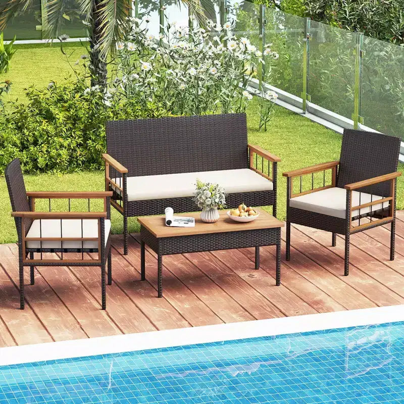 Conjunto de muebles de mimbre Costway de 8 piezas con reposabrazos de madera de acacia y cojines para el jardín