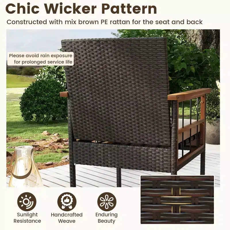 Conjunto de muebles de mimbre Costway de 8 piezas con reposabrazos de madera de acacia y cojines para el jardín
