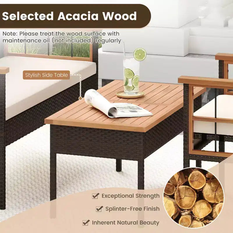 Conjunto de muebles de mimbre Costway de 8 piezas con reposabrazos de madera de acacia y cojines para el jardín