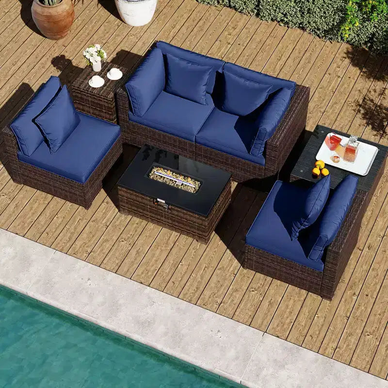 Costway 7-delige terrasset met vuurtafel op gas van 40,000 BTU, voor propaan, met afdektafel voor gasfles, mix bruin + marineblauw/rood/zwart/turquoise/gebroken wit