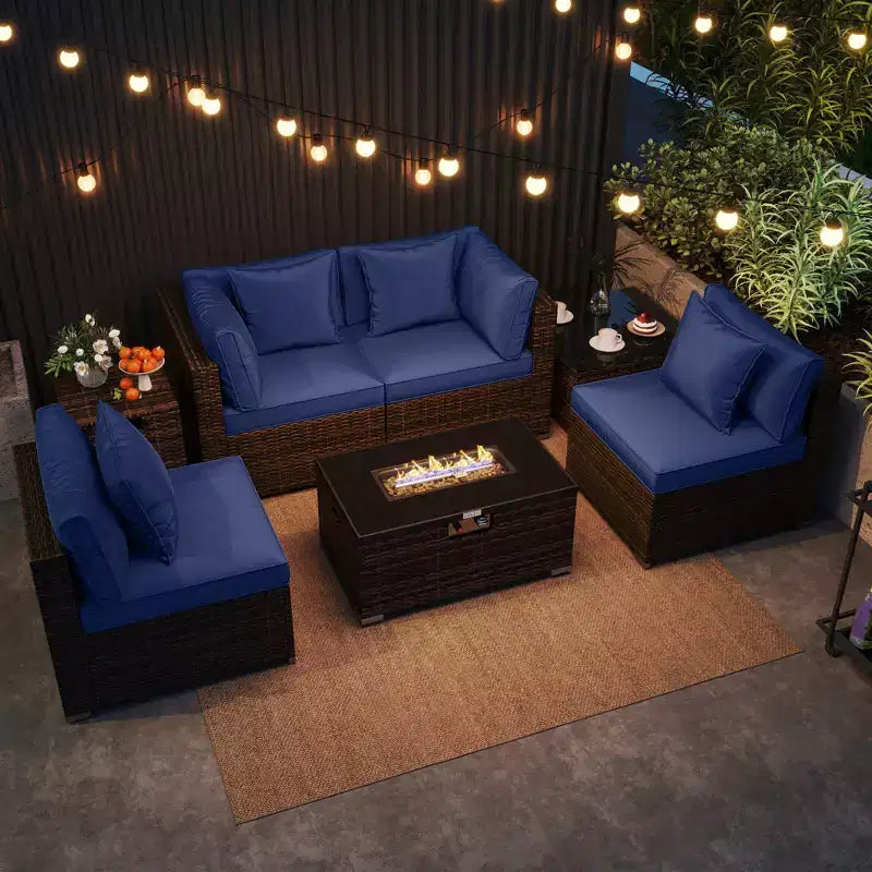 Costway 7-delige terrasset met vuurtafel op gas van 40,000 BTU, voor propaan, met afdektafel voor gasfles, mix bruin + marineblauw/rood/zwart/turquoise/gebroken wit
