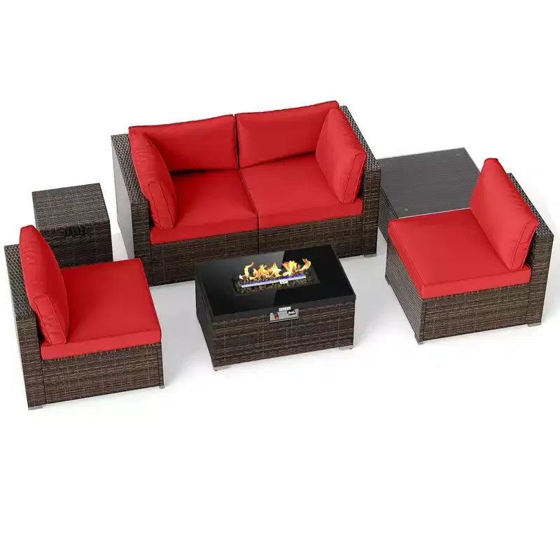 Costway 7-delige terrasset met vuurtafel op gas van 40,000 BTU, voor propaan, met afdektafel voor gasfles, mix bruin + marineblauw/rood/zwart/turquoise/gebroken wit