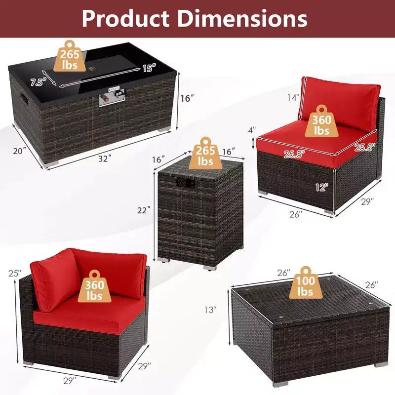 Costway 7-delige terrasset met vuurtafel op gas van 40,000 BTU, voor propaan, met afdektafel voor gasfles, mix bruin + marineblauw/rood/zwart/turquoise/gebroken wit