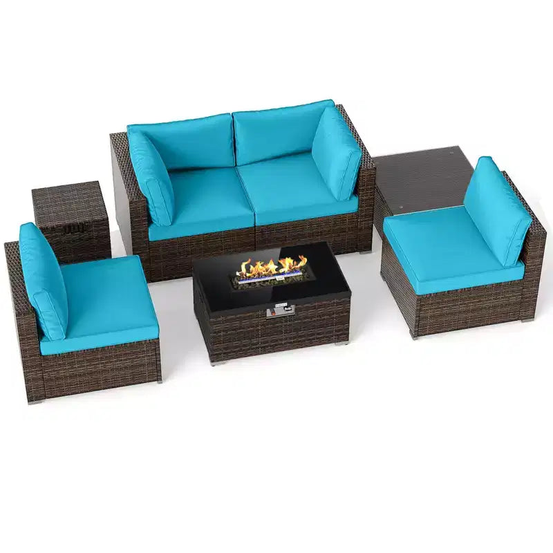 Costway 7-delige terrasset met vuurtafel op gas van 40,000 BTU, voor propaan, met afdektafel voor gasfles, mix bruin + marineblauw/rood/zwart/turquoise/gebroken wit