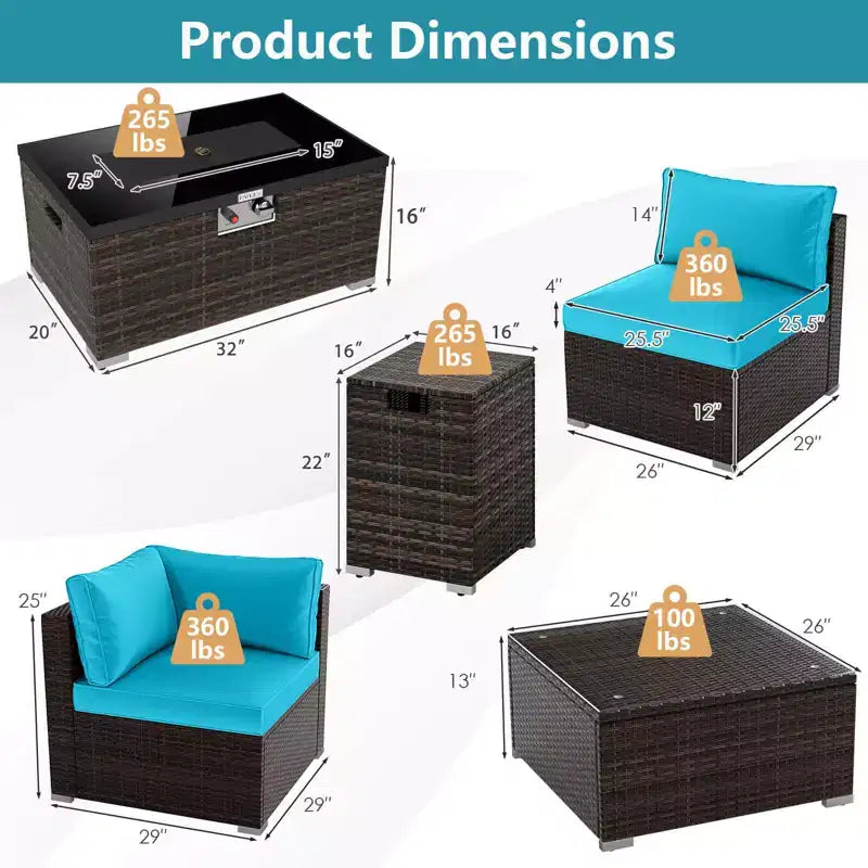 Costway 7-delige terrasset met vuurtafel op gas van 40,000 BTU, voor propaan, met afdektafel voor gasfles, mix bruin + marineblauw/rood/zwart/turquoise/gebroken wit