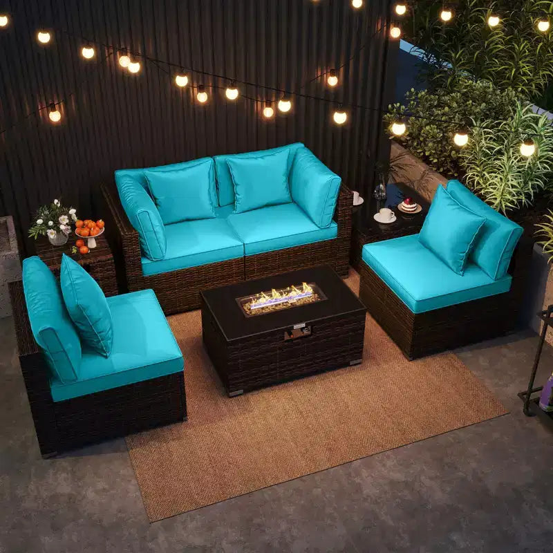 Costway 7-delige terrasset met vuurtafel op gas van 40,000 BTU, voor propaan, met afdektafel voor gasfles, mix bruin + marineblauw/rood/zwart/turquoise/gebroken wit
