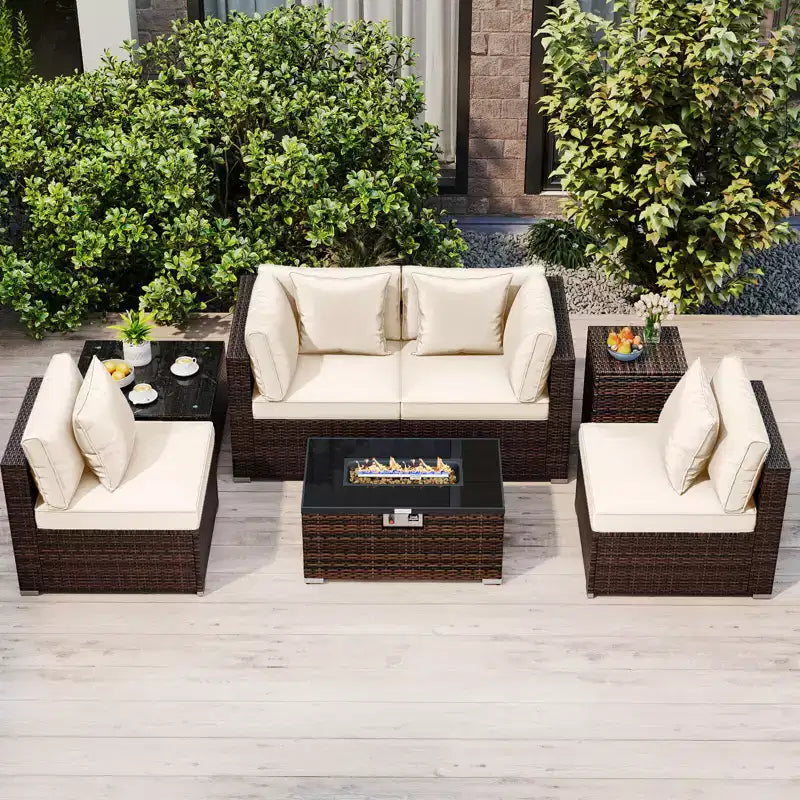 Costway 7 PCS Patio Furniture Set 40,000 BTU Gas Fire Pit Table Propane Tank Cover Table Mix Brown + Navy/Red/Black/Turquoise/Off-Whit