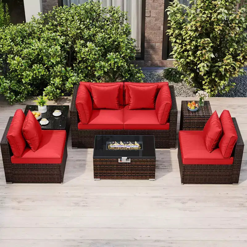 Set di mobili da patio Costway in 7 pezzi, tavolo con braciere a gas da 40,000 BTU, copertura per bombola di propano, tavolo coordinato marrone + blu navy/rosso/nero/turchese/bianco sporco