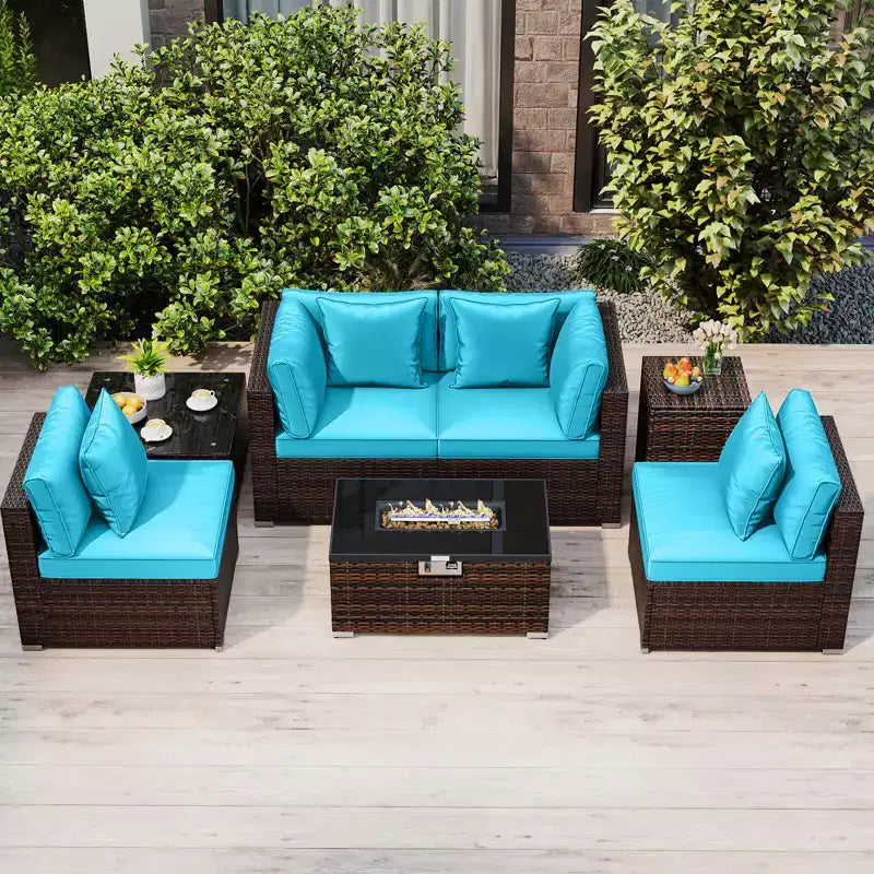 Set di mobili da patio Costway in 7 pezzi, tavolo con braciere a gas da 40,000 BTU, copertura per bombola di propano, tavolo coordinato marrone + blu navy/rosso/nero/turchese/bianco sporco
