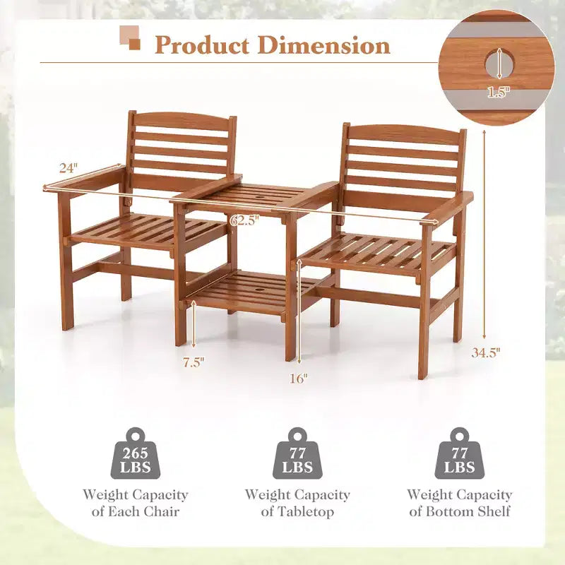 Costway tweezitsbank voor terras met salontafel en parasolopening, voor tuin en zwembad