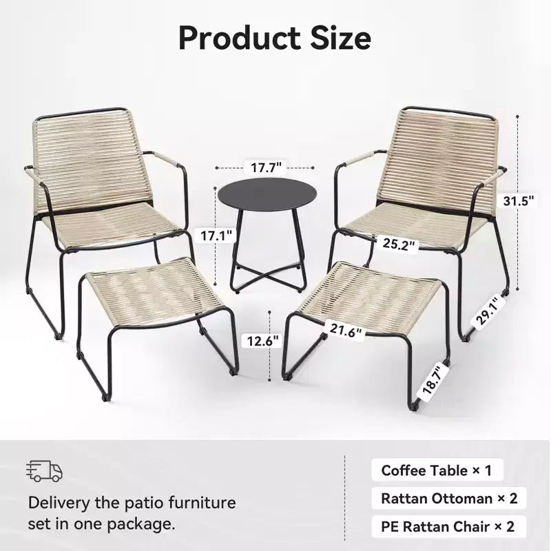 GDFStudio Adelle 5-delige buitenset voor gezellige gesprekken met fauteuils, voetenbankjes en bijzettafel